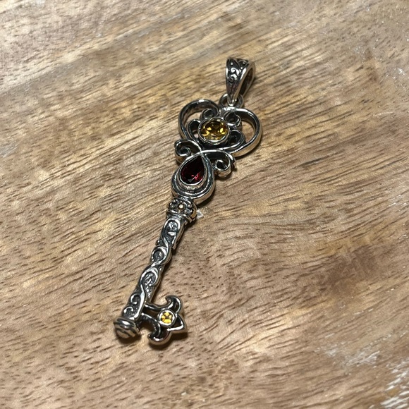 Vintage BJC Samuel Benham Garnet & Citrine Sterling Silver 18K Gold Key Pendant - Picture 5 of 16